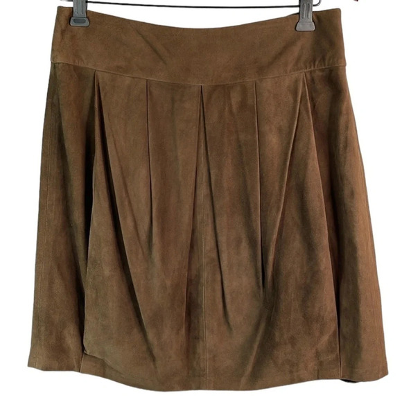 LUISA SPAGNOLI Suede Box Pleated Mini Skirt Brown Lined Bubble Hem S - Picture 2 of 11